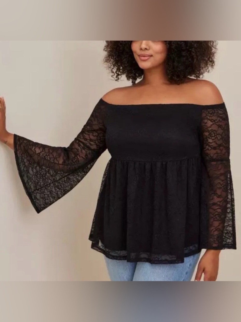 Stretch Lace Off-Shoulder Bell Sleeve Babydoll Top women’s 3x